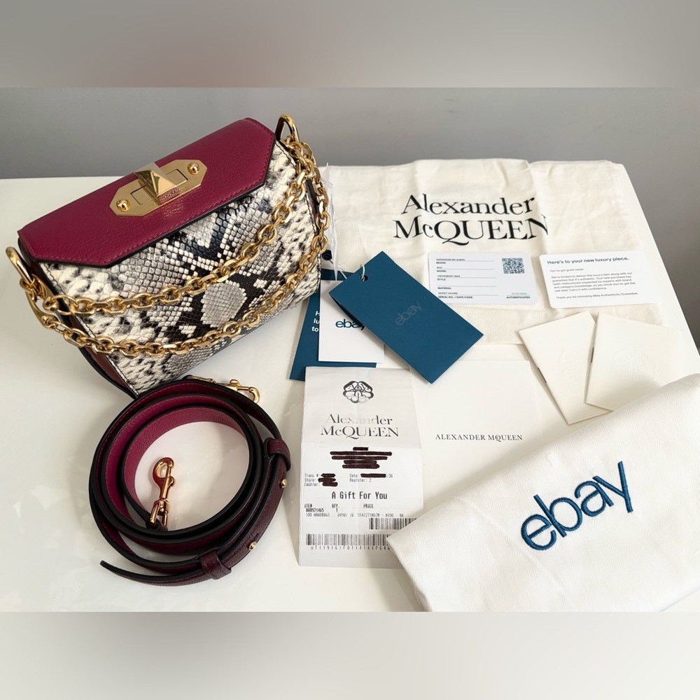 $1890 Alexander McQueen Purple Burgundy Pink Snake Python Gold Chain Box Bag 16
